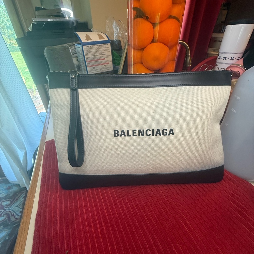 Balenciaga Cream Canvas and Black Leather Wristlet Clutch